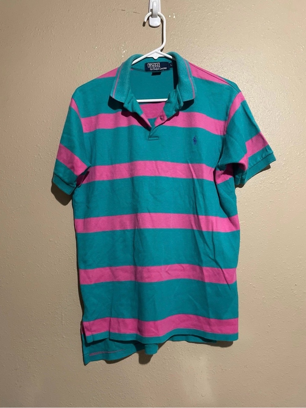 Vintage USA Made Polo Ralph Lauren Teal Pink Striped Polo Shirt Men’s L